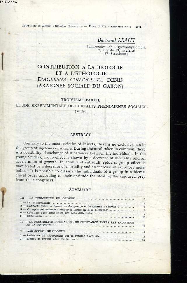 EXTRAIT DE LA REVUE BIOLOGICA GABONICA N 1 TOME CVII.