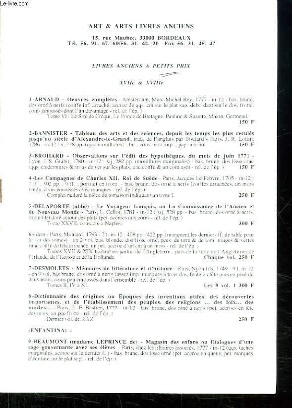 BROCHURE. ART ET ARTS LIVRES ANCIENS. LIVRES ANCIENS A PETITS PRIX.