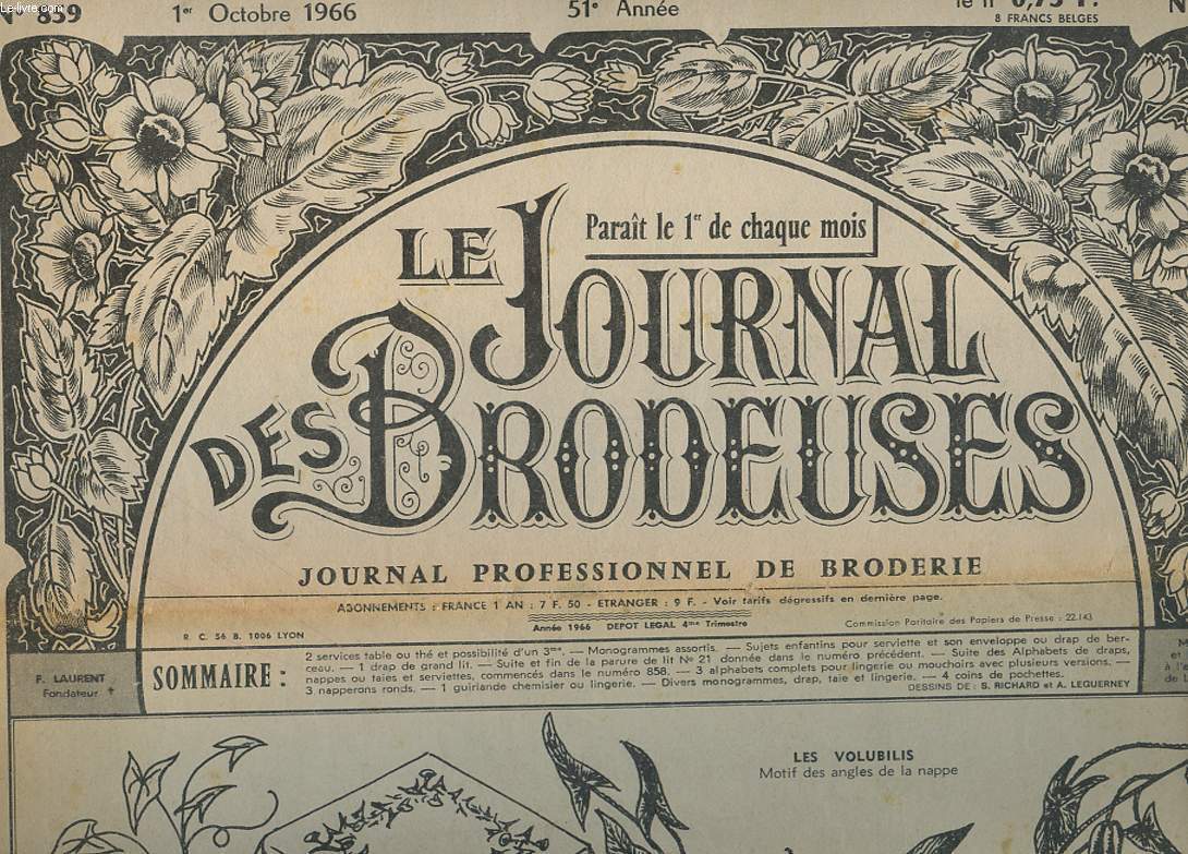 LE JOURNAL DES BRODEUSES N 859 DU 1 OCTOBRE 1966. SOMMAIRE: 2 SERVICES DE TABLE, ALPHABETS COMPLETS POUR LINGERIE OU MOUCHOIRS, COINS DE POCHETTES...