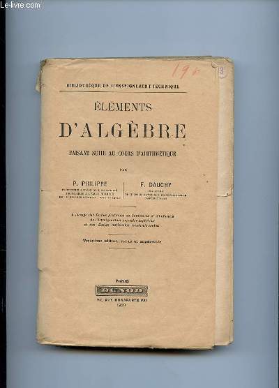 ELEMENTS D ALGEBRE FAISANT SUITE AU COURS D ARITHMETIQUE. 3 em EDITION.