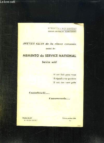 MEMENTO DU SERVICE NATIONAL. SERVICE ACTIF. MODELE 301 - 07.