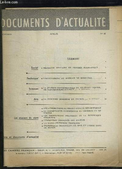 DOCUMENTS D ACTUALITE N 68. SOMMAIRE: MEDECINE MILITAIRE ET PROGRES SCIENTIFIQUE, L ACHEVEMENT DU BARRAGE DE ROSELEND, LA PEINTURE MODERNE EN FRANCE...