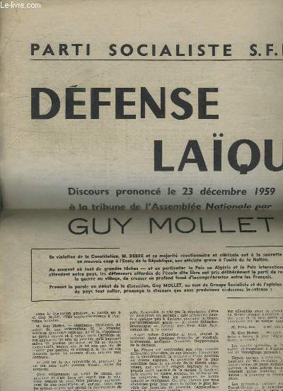 SUPPLEMENT A LA DOCUMENTATION SOCIALISTE N 109 DU 17 DECEMBRE 1959. DEFENSE LAIQUE.