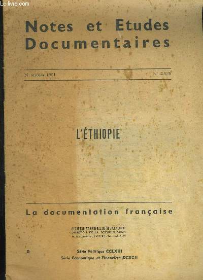 NOTES ET ETUDES DOCUMENTAIRES N 2828 DU 31 OCTOBRE 1961. L ETHIOPIE, LA DOCUMENTATION FRANCAISE.