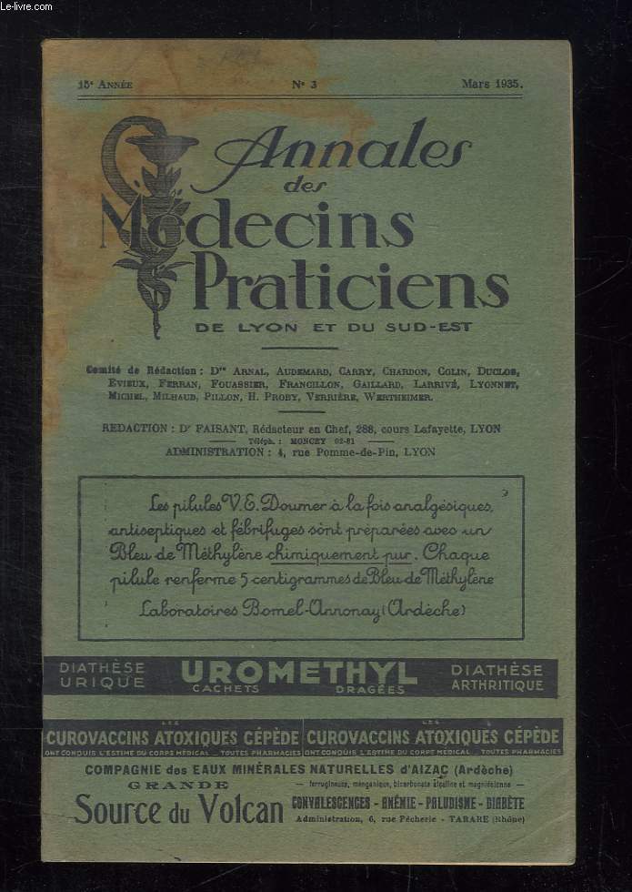 ANNALES DES MEDECINS PRATICIENS DE LYON ET DU SUD EST N 3 MARS 1935. SOMMAIRE: NECROLOGIE, MEMOIRES ORIGINAUX, CORRESPONDANCES, BIBLIOGRAPHIE...