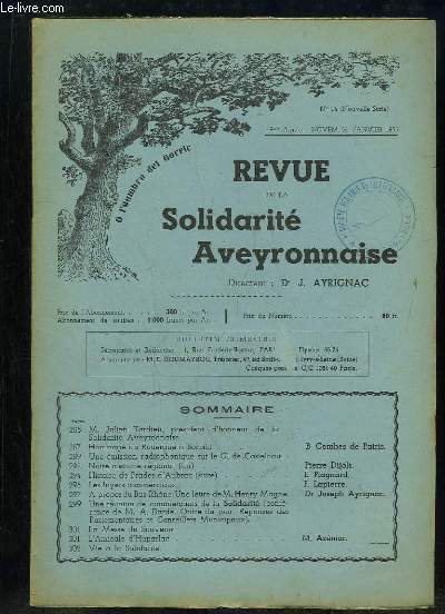 REVUE DE LA SOLIDARITE AVEYRONNAISE N 14 NOVEMBRE 1954 A JANVIER 1955. SOMMAIRE: HOMMAGE DU ROUERGUE A BONALD, NOTRE COSTUME REGIONAL, LA MESSE DU SOUVENIR, VIE A LA SOLIDARITE...