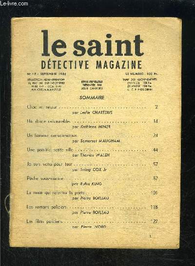 LE SAINT DETECTIVE MAGAZINE N19- SEPT 1956- Choc en retour- Un doute raisonnable- Un homme consciencieux....- VENDU EN L ETAT