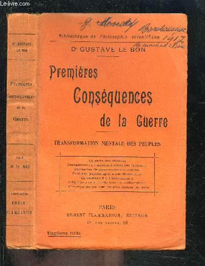 PREMIERES CONSEQUENCES DE LA GUERRE- TRANSFORMATION MENTALE DES PEUPLES- BIBLIOTHEQUE DE PHILOSOPHIE SCIENTIFIQUE