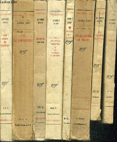 1 LOT DE 8 LIVRES DE ANDRE GIDE- LES CAVES DU VATICAN- LES FAUX-MONNAYEURS- JOURNAL 1939-1942- LES NOURRITURES TERRESTRES ET LES NOUVELLES NOURRITURES- RETOUR DE L URSS- SI LE GRAIN NE MEURT- LA SYMPHONIE PASTORALE- THESEE