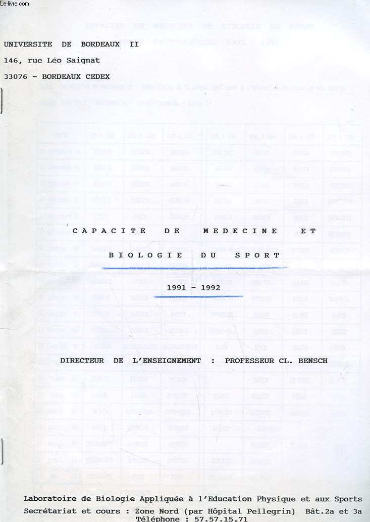 CAPACITE DE MEDEDINE ET BIOLOGIES DU SPORT 1992