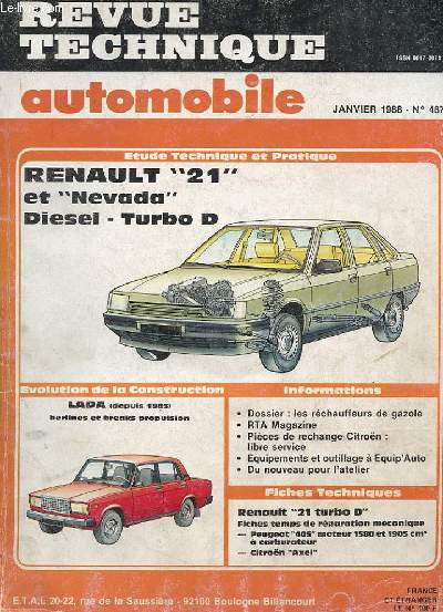 REVUE TECHNIQUE AUTOMOBILE - JANVIER 1988 - N487 - EVOLUTION DE LA CONSTRUCTION RENAULT 4 GTL - 4F6 - 5 - 5L - 5TL - 5EXPORT - 5 SOCIETE - ETUDE TECHNIQUE PEUJEOT 505 DIESEL GRD - SRD - SRD TURBO