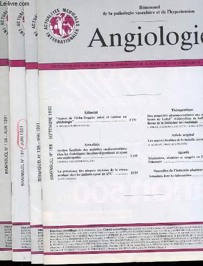 LOT DE 4 REVUE ANGIOLOGIE - BIMENSUEL DE LA PATHOLOGIE VASCULAIRE ET DE L'HYPER TENSION - N138-137-136-158 - DOPPLER - ANGIO -
