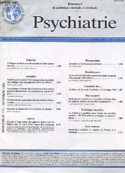 REVUE - PSYCHATRIE - BIMENSUEL DE PATHOLOGIE MENTALE ET CEREBRAL N110 - SEPTEMBRE 1990