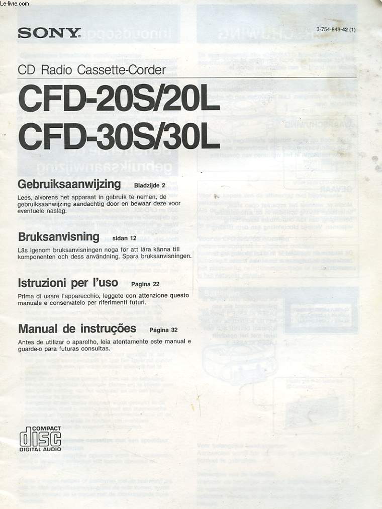 MODE D'EMPLOI - CD RADIO CASSETTE-CORDER - CFD-20S/20L / CFD-30S/30L - COLLEC... - Afbeelding 1 van 1