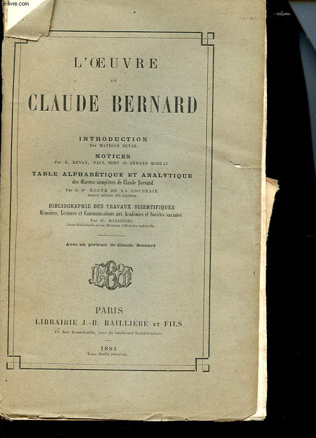 L'OEUVRE DE CLAUDE BERNARD