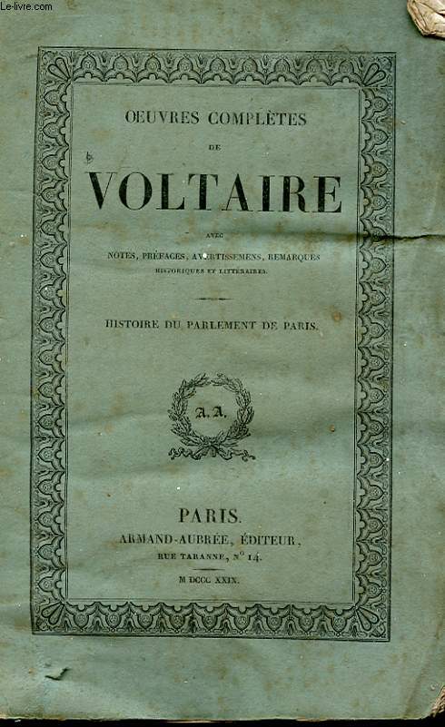 OEUVRES COMPLETES DE VOLTAIRE TOME 20 - HISTOIRE DU PARLEMENT DE PARIS