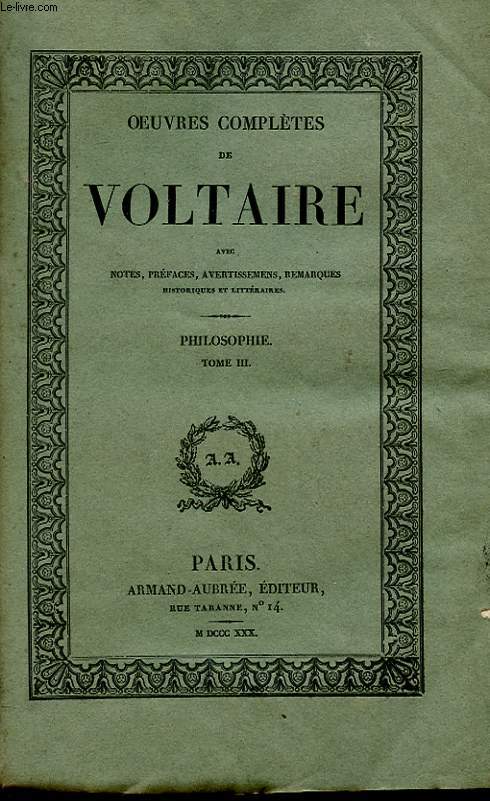 OEUVRES COMPLETES DE VOLTAIRE TOME 28 - PHILOSOPHIE TOME 3