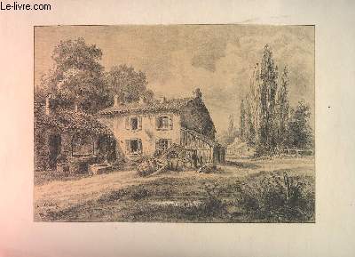 GRAVURE D'UNE SCENE CHAMPETRE AVEC PUITS, DES TONNEAUX, CHARRETTES PRES D'UNE MAISON DE CAMPAGNE