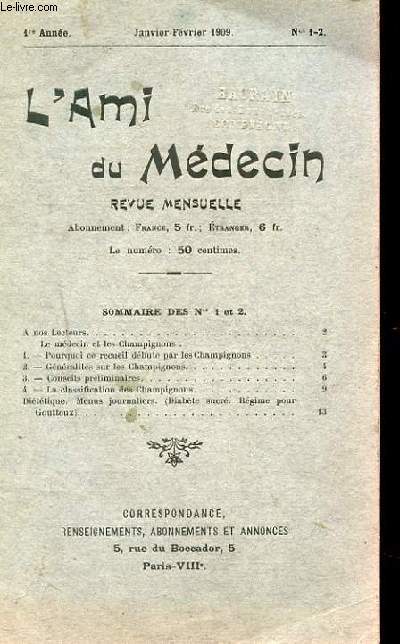 REVUE MENSUELLLE L'AMI DU MEDECIN N1-2 . CHAMPIGNONS