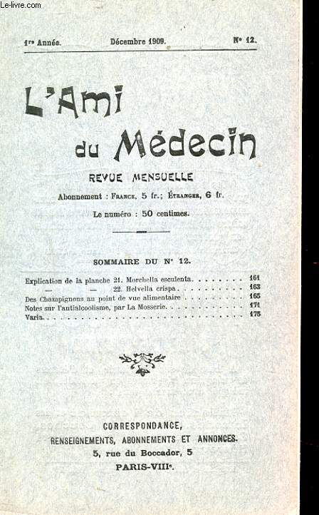 REVUE MENSUELLLE L'AMI DU MEDECIN N12. CHAMPIGNONS