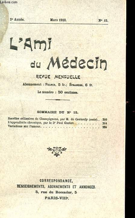 REVUE MENSUELLLE L'AMI DU MEDECIN N15. CHAMPIGNONS