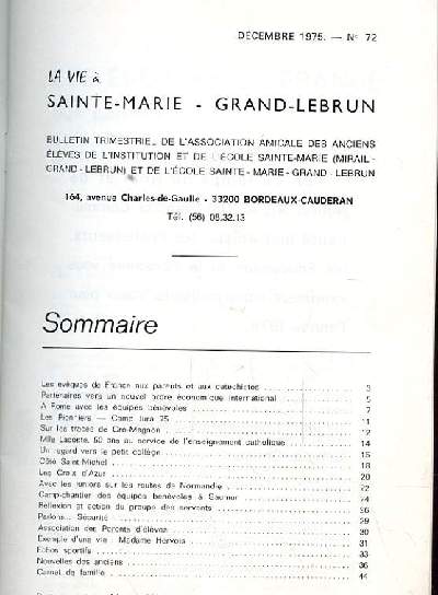 BULLETIN TRIMESTRIEL. LA VIE SAINTE MARIE - GRAND LEBRUN N 72