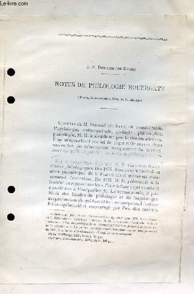 Notes de Philologie Rouergate. (Photocopie)