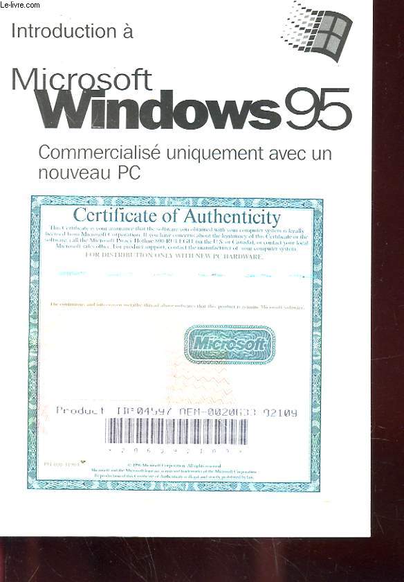 INTRODUCTION A MICROSOFT WINDOWS 95 - COMMERCIALIS2 UNIQUEMENT AVEC UN NOUVEAU PC
