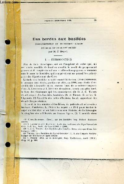 Des Bordes aux Bastides. Transformation du peuplement gascon entre le XIIe et le XIVe sicles, par M. Z. Baqu. Introduction et Statut des Bastides (Ouvrage photocopi)