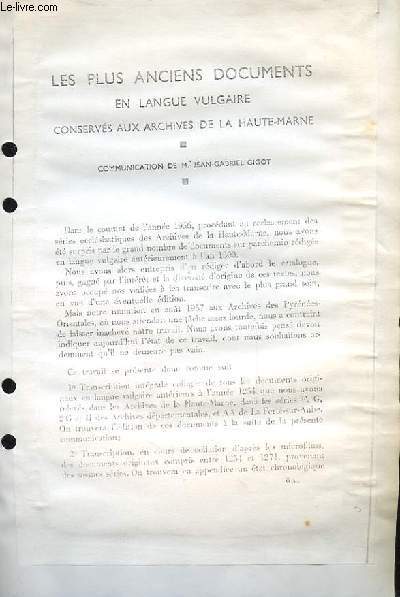 Les plus anciens documents en Langue Vulgaire conservs aux Archives de la Haute-Marne (Ouvrage photocopi)
