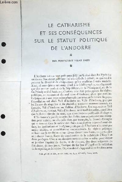 Le Catharisme et ses consquences sur le statut politique de l'Andorre (Ouvrage photocopi)