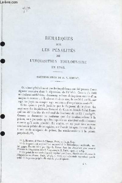 Remarques sur les pnalits de l'Inquisition de Toulouse en 1246(Ouvrage photocopi)