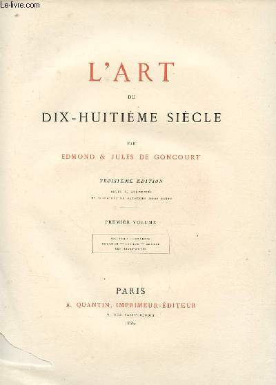 L'ART DU DIX-HUITIEME SIECLE 3e dition - 1er volume. incomplet. (vendu pour les Eaux-Fortes)