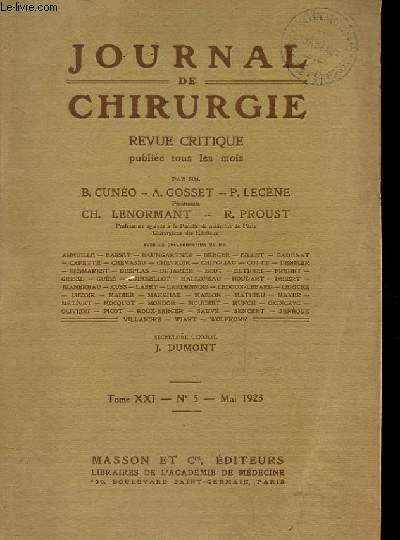 JOURNAL DE CHIRURGIE revue critique Tome XXI - n5