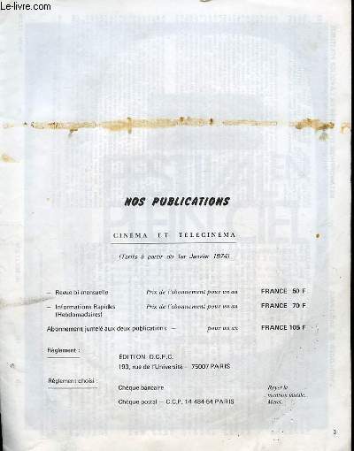 FICHES DU CINEMA N 503 Nos publications, L'Horloger de Saint Paul, Mtamorphose d'un chef de la police politique..