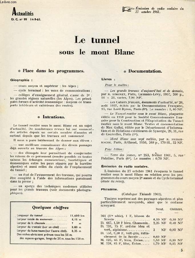 ACTUALITES D.C N99 LE TUNNEL SOUS LE MONT BLANC. EMISSION DE RADIO SCOLAIRE DU 27 OCTOBRE 1961.