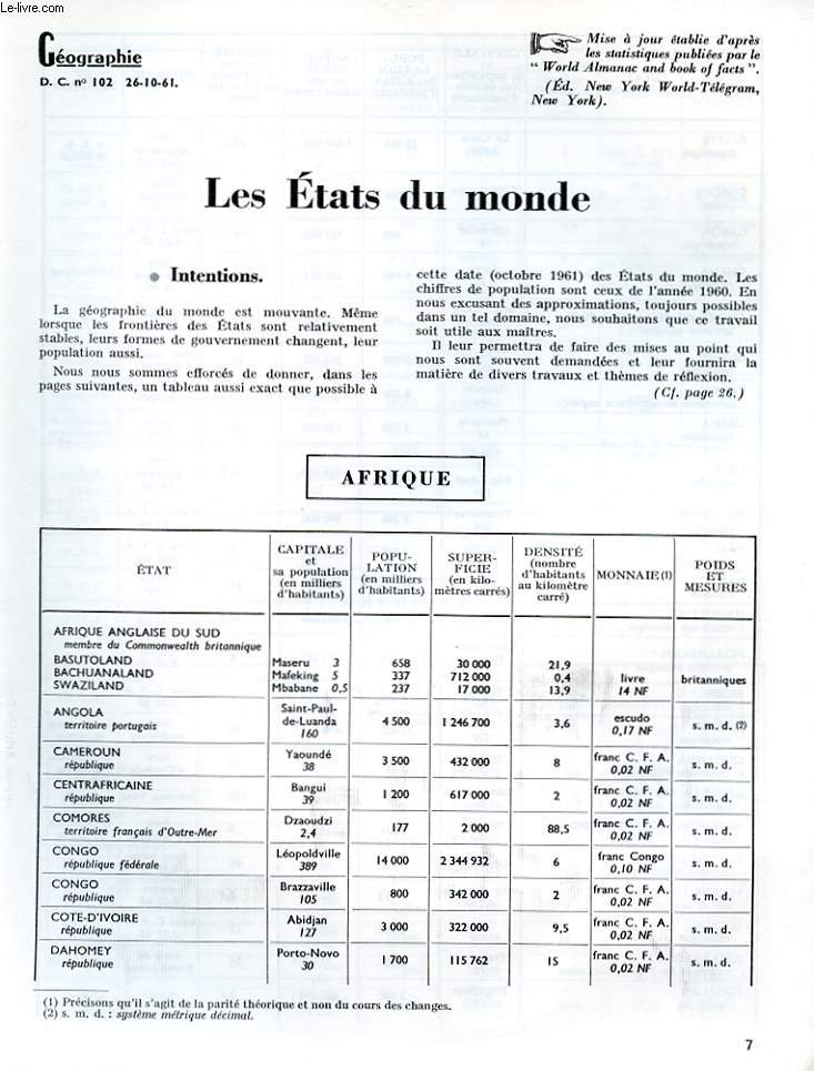GEOGRAPHIE D.C N102 LES ETATS DU MONDE. MISE A JOUR ETABLIE D'APRES LES STATISTIQUES PUBLIEES PAR WORLD ALMANAC AND BOOK OF FACTS