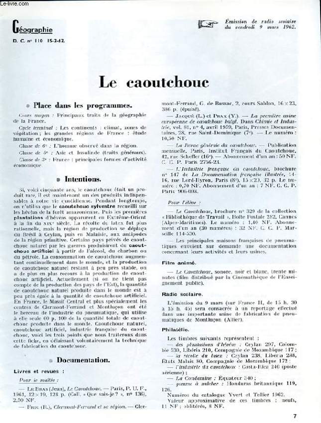 GEOGRAPHIE D.C N110. LE CAOUTCHOUC. EMISSION DE RADIO SCOLAIRE DU VENDREDI 9 MARS 1962