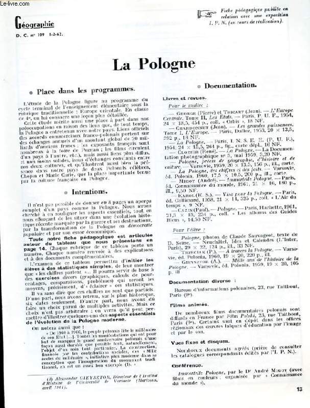 GEOGRAPHIE D.C N109. LA POLOGNE. FICHE PEDAGOGIQUE PUBLIEE EN RELATION AVEC UNE EXPOSITION I.P.N