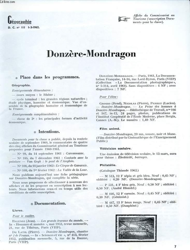 GEOGRAPHIE D.C N111. DONZERE-MONDRAGON. AFFICHE DU COMMISARIAT AU TOURISME