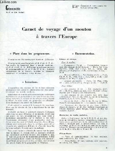 GEOGRAPHIE D.C N128. CARNET DE VOYAGE D'UN MOUTON A TRAVERS L'EUROPE. EMISSION DE RADIO SCOLAIRE DES 5, 6 ET 8 FEVRIER 1963.