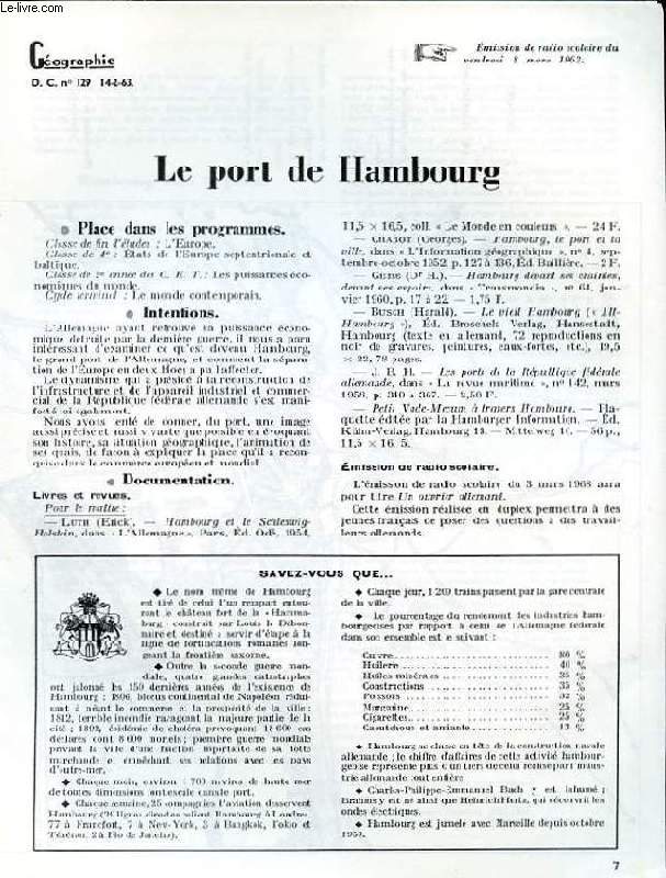 GEOGRAPHIE D.C N129. LE PORT DE HAMBOURG. EMISSION DE RADIO SCOLAIRE DU VENDREDI 8 MARS 1963