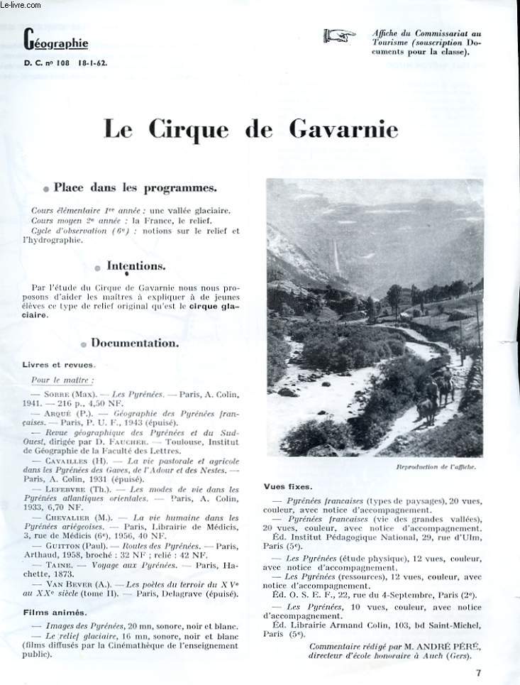 GEOGRAPHIE D.C. N108. LE CIRQUE DE GAVARNIE. AFFICHE DU COMMISSARIAT AU TOURISME