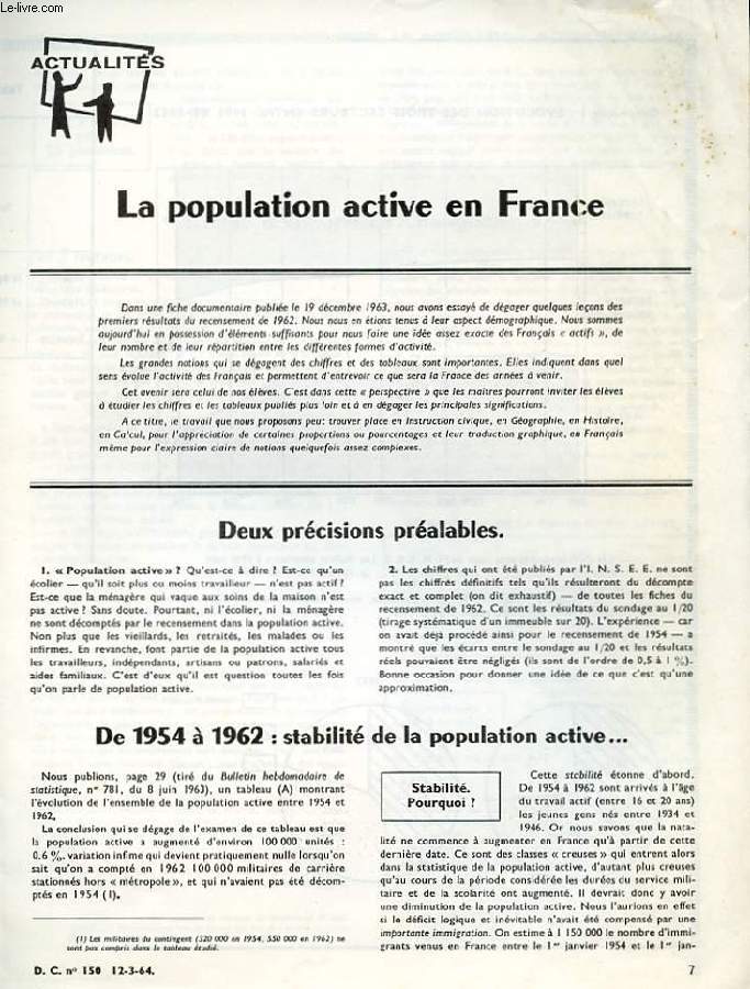 ACTUALITES. D.C N150. LA POPULATION ACTIVE EN FRANCE.