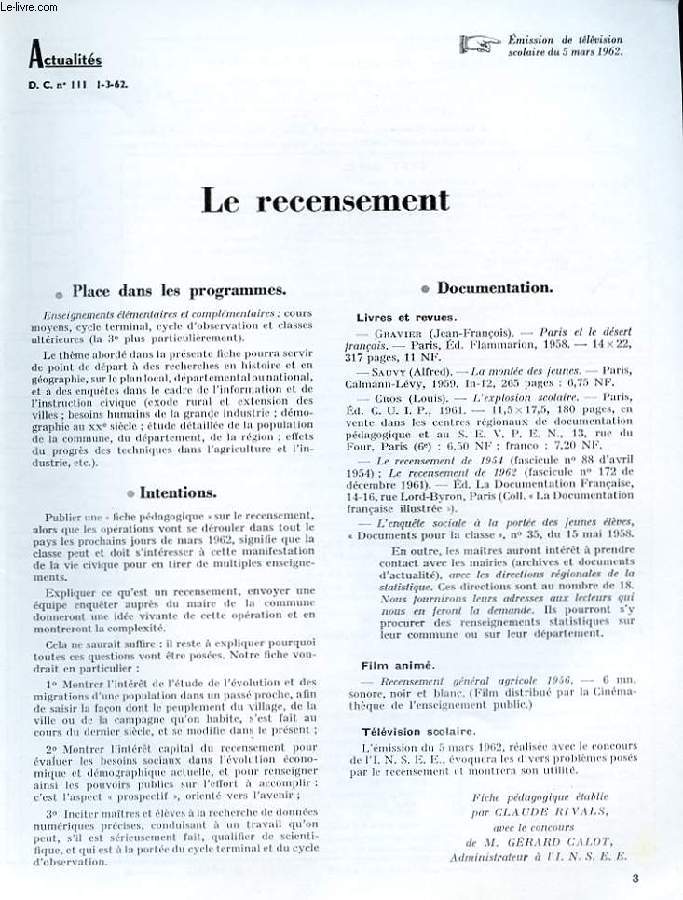 ACTUALITES D.C N111. LE RECENSEMENT. EMISSION DE TELEVISION SCOLAIRE DU 5 MARS 1962.