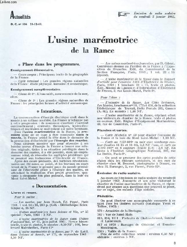 ACTUALITES D.C N106. L'USINE MAREMOTRICE DE LA RANCE. EMISSION DE RADIO SCOLAIRE DU VENDREDI 5 JANVIER 1962