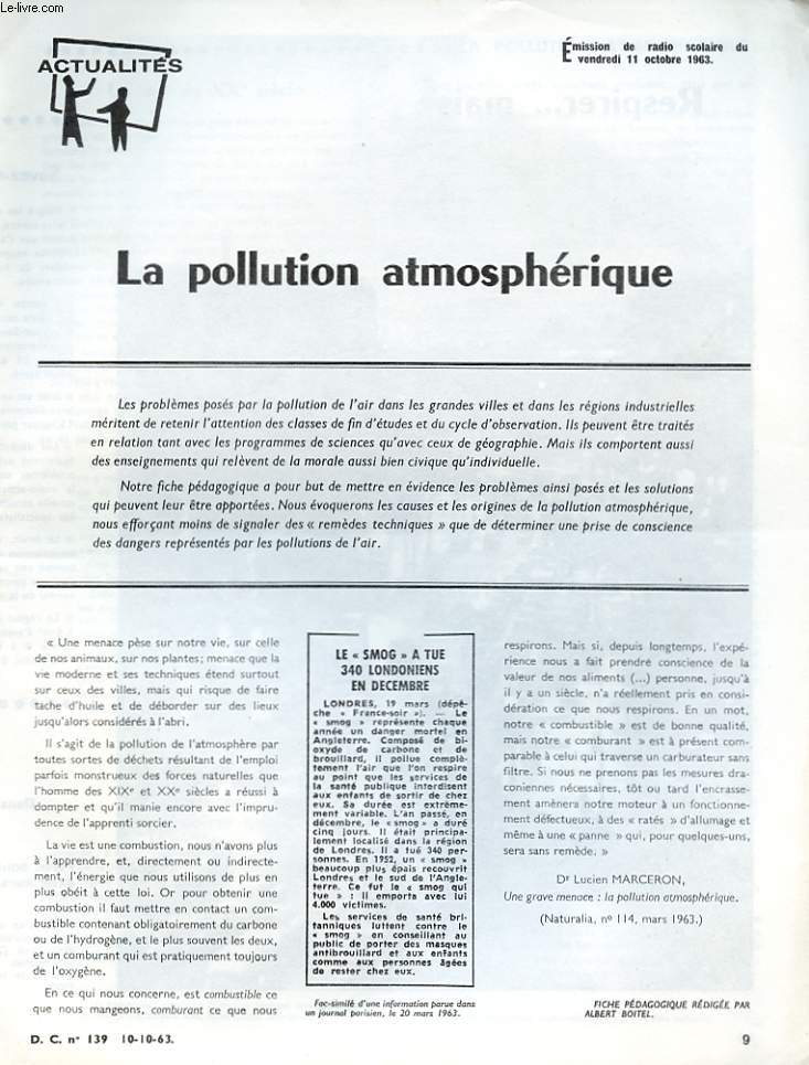 ACTUALITES D.C N139. LA POLLUTION ATMOSPHERIQUE. EMISSION DE RADIO SCOLAIRE DU VENDREDI 11 OCTOBRE 1963