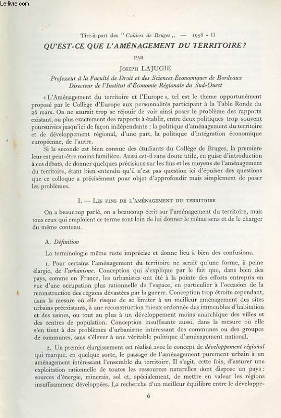 QU'EST CE QUE L'AMENAGEMENT DU TERRITOIRE. TIRE-A-PART DES 