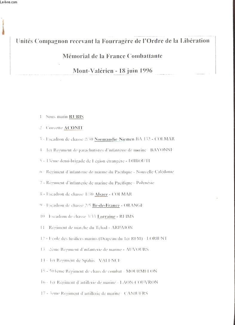 REMISE DE LA FOURRAGERE DE L'ORDRE DE LA LIBERATION AUX UNITES COMPAGNON. 18 JUIN 1996. MEMORIAL DE LA FRANCE COMBATTANTE AU MONT VALERIEN