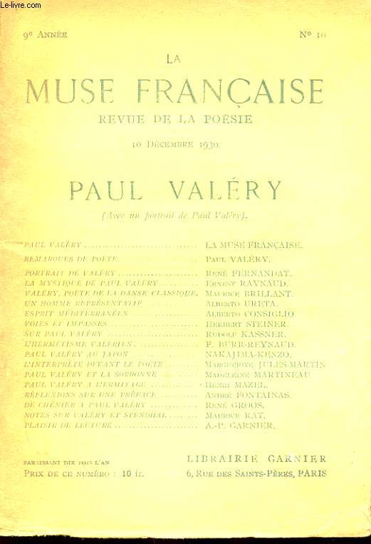 LA MUSE FRANCAISE. N10. 9 EME ANNEE. 10 DECEMBRE 1930. PAUL VALERY